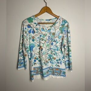 J.MacLaughlin  Top Blouse size L Novelty Print Birds tree Stretch Artsy